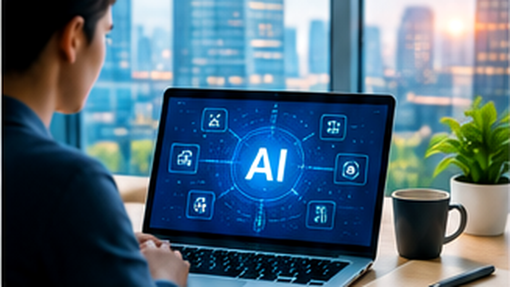 Professional using an AI productivity dashboard on a laptop with task, calendar, note, and planning tools in a modern workspace.