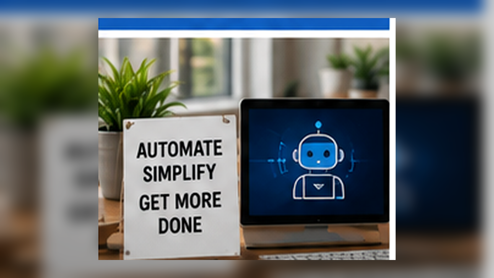 AI automation workspace with a laptop, workflow checklist, assistant interface, and routine tasks being organized for review and completion.