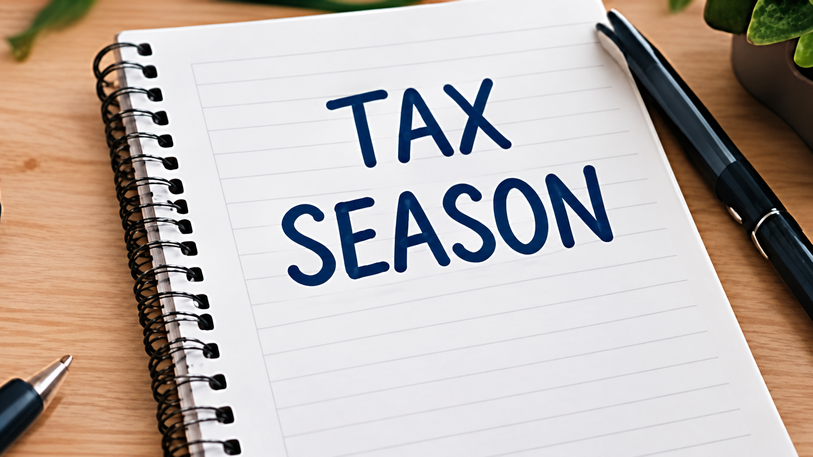 Tax-season bookkeeping workspace with calculator, records, and organized financial documents.