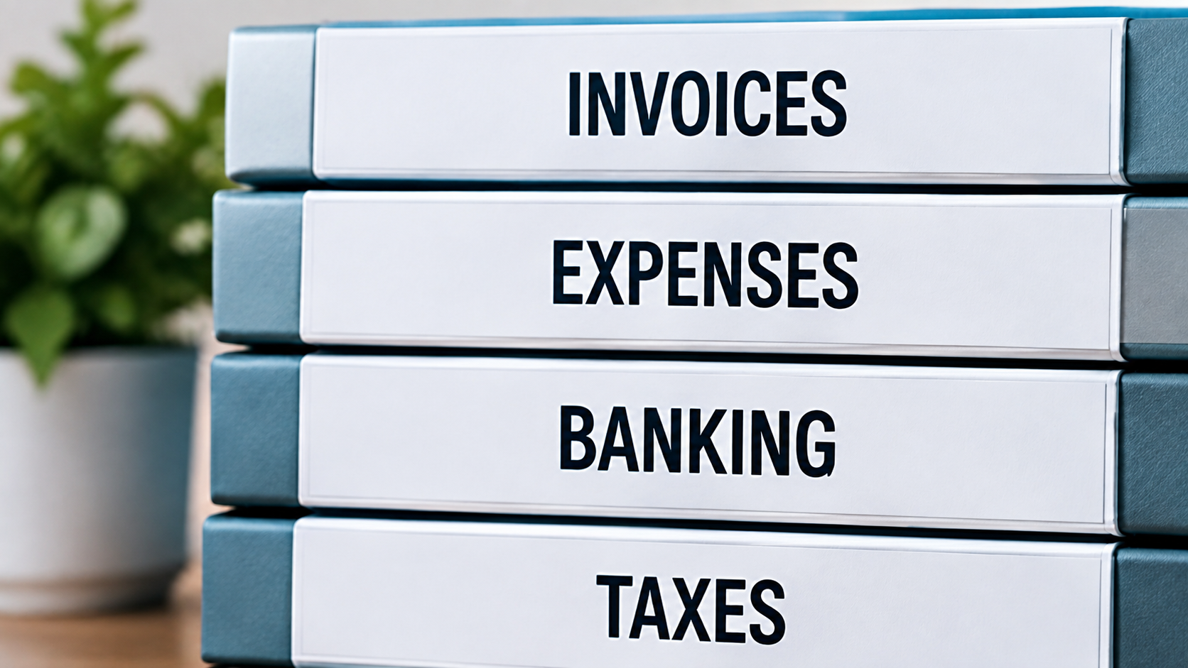 Monthly bookkeeping workspace with organized financial records, invoices, and account review materials.