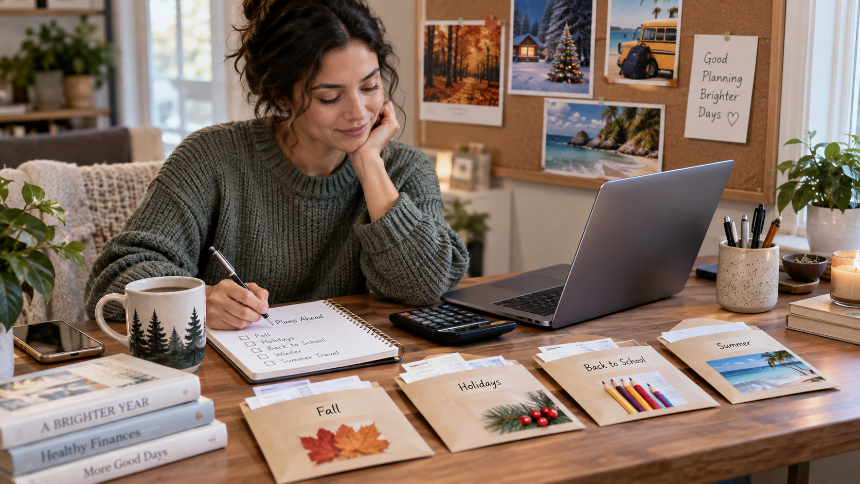 Household budgeting at a kitchen table with a calendar, calculator, bills, savings envelopes, school supplies, and holiday planning notes.
