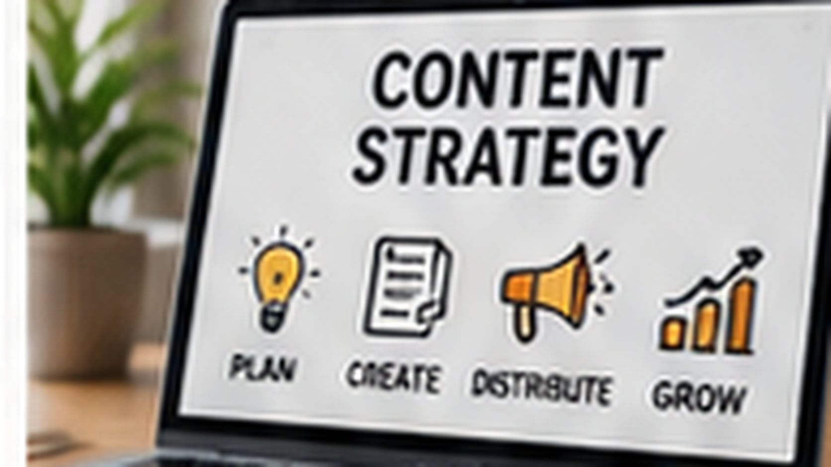 Content strategist planning audience topics, publishing workflow, distribution, and performance measurement at a laptop and desk.