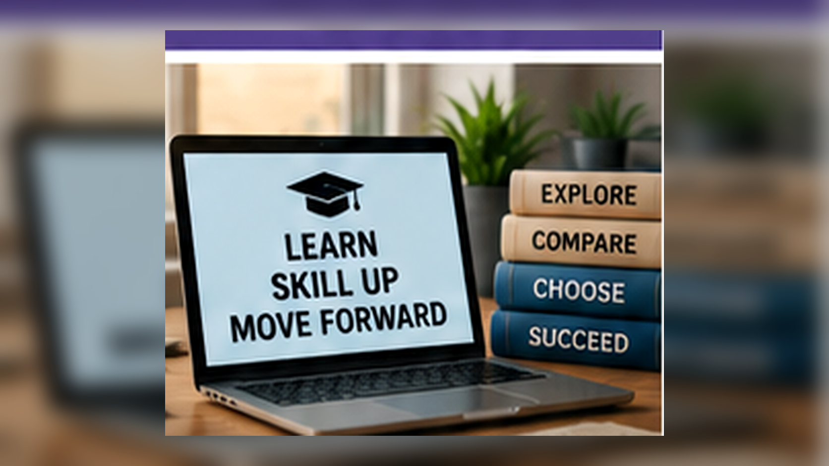 Online learner comparing course options on a laptop with notebooks labeled goals, cost, credibility, workload, and outcomes beside study materials.