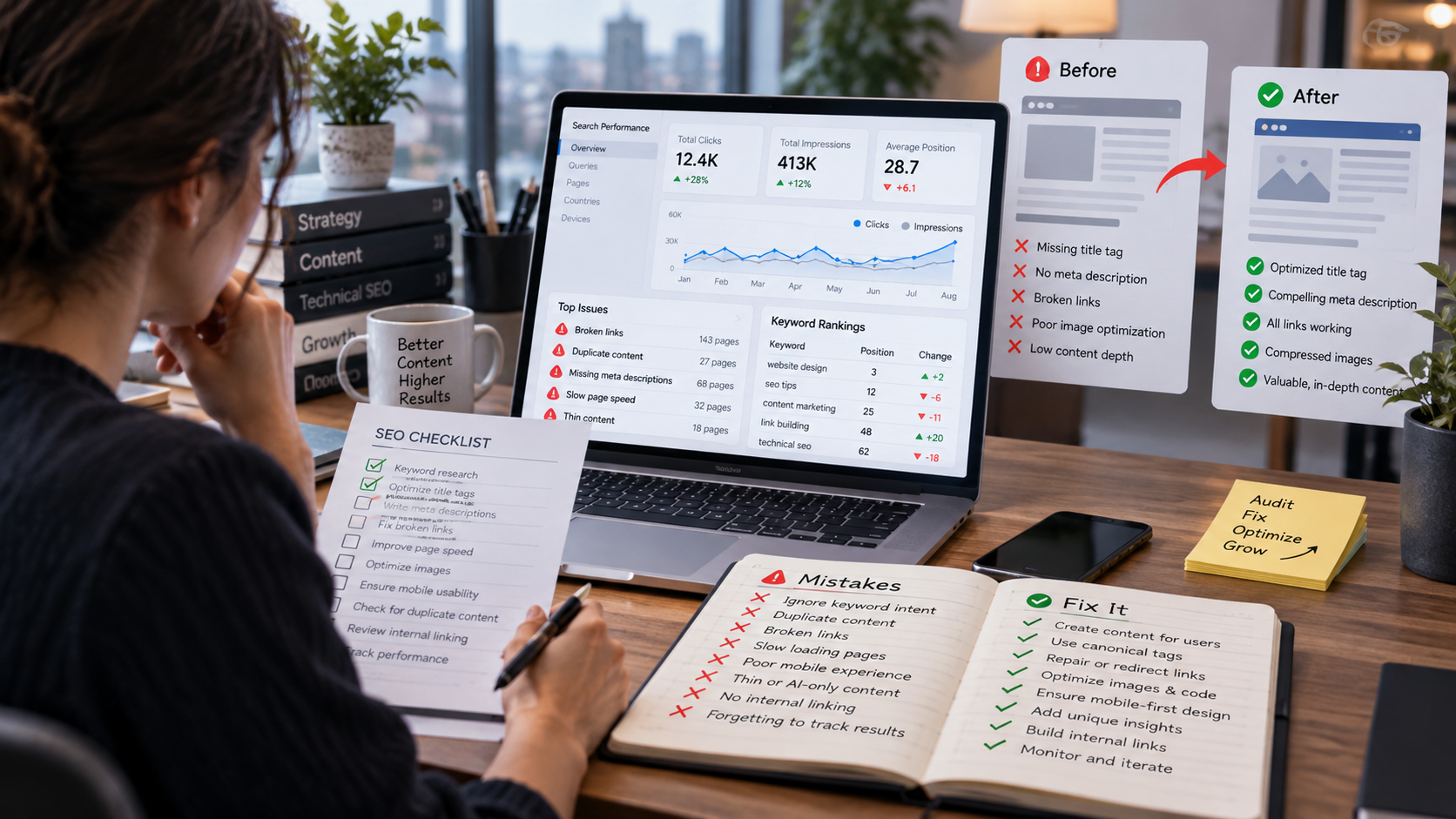 Website owner reviewing search performance, page titles, internal links, indexing status, and technical SEO checks on a laptop.