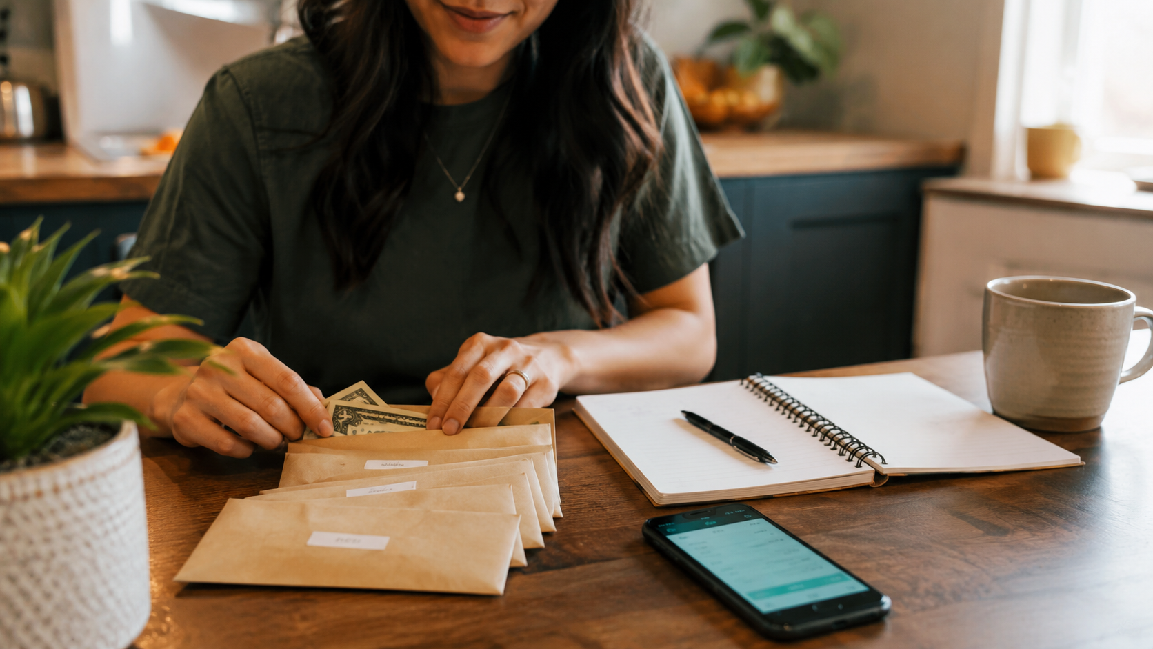 Household budgeting at a kitchen table with a calculator, bills, notebook, emergency fund envelope, and simple grocery list.