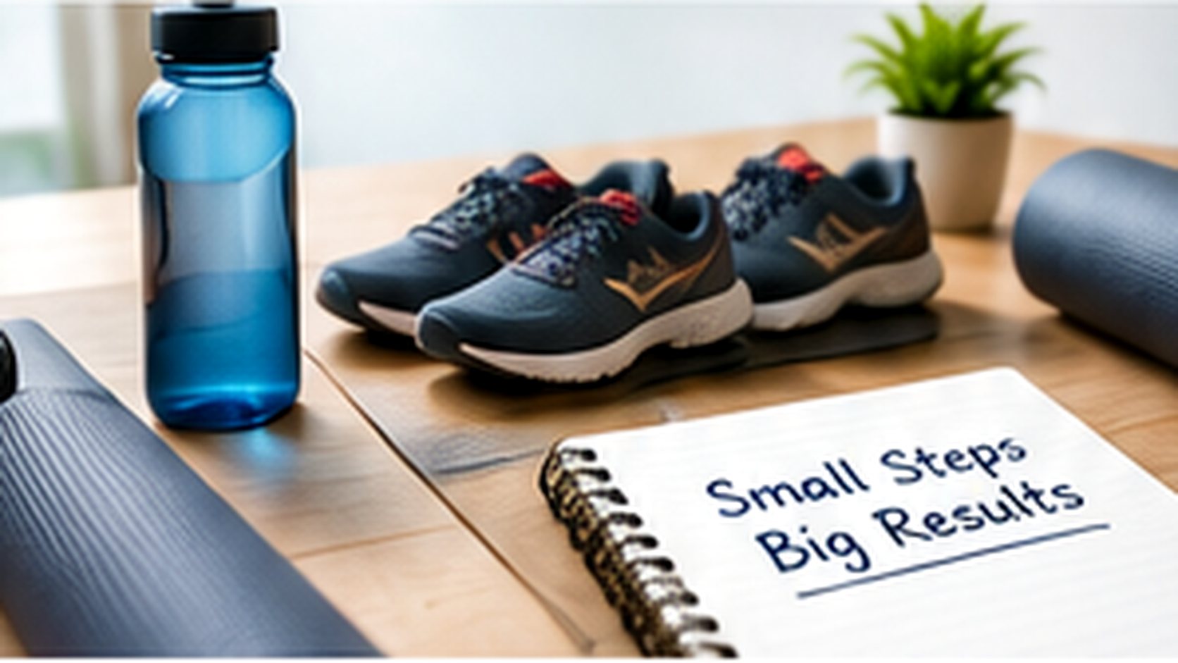 Workout shoes, water bottle, exercise mat, light weights, and a simple weekly exercise plan arranged in a bright home fitness space.