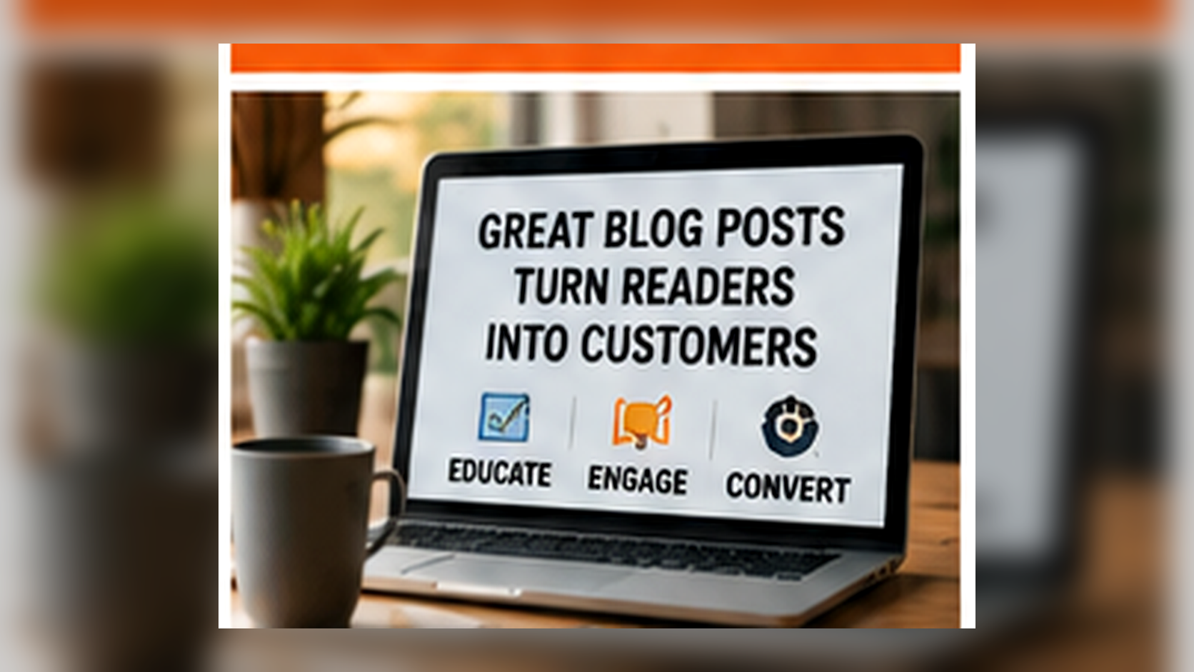 Content marketer reviewing a conversion-focused blog article on a laptop with notes for audience intent, useful content, calls to action, and performance tracking.