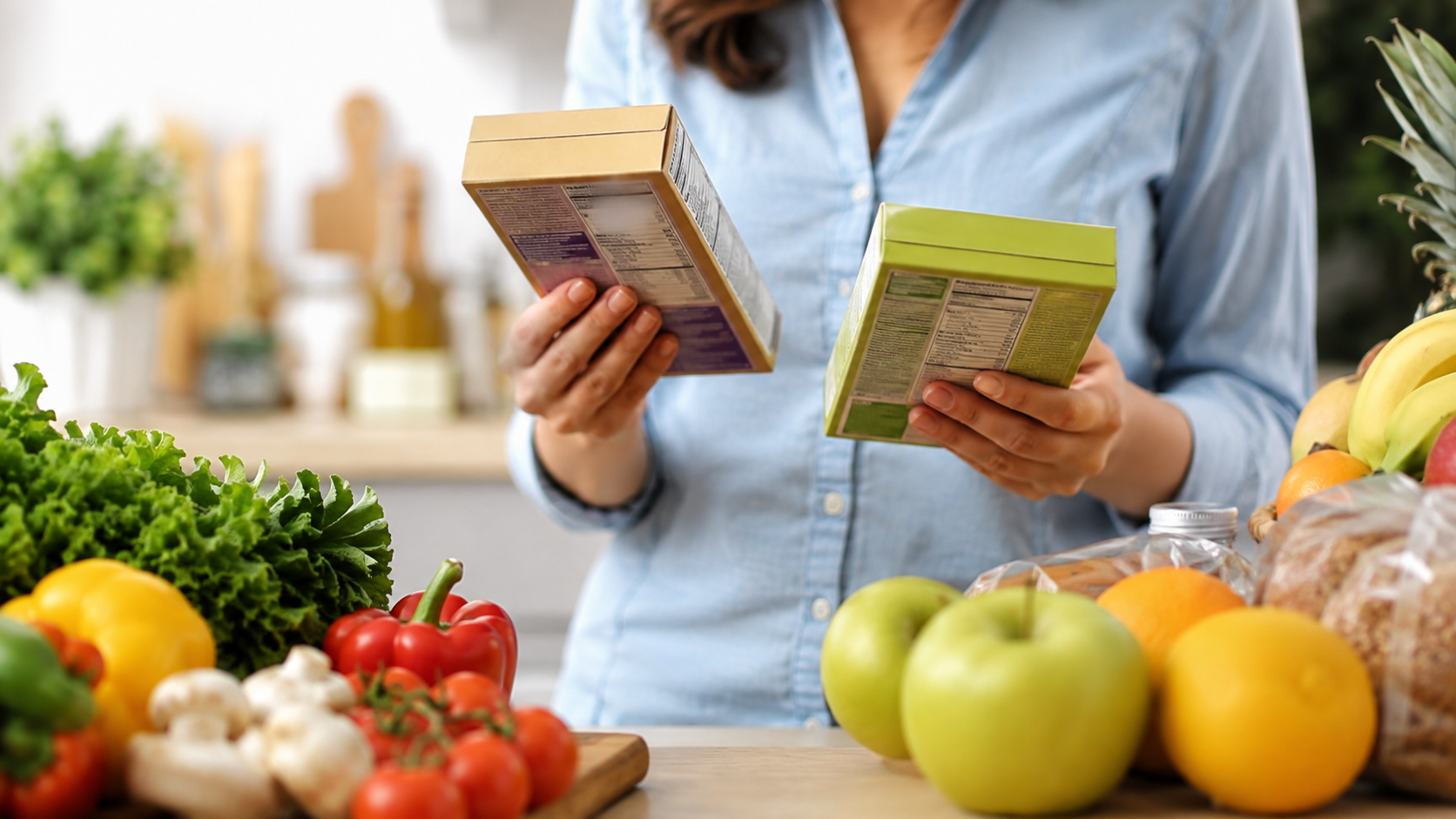 Adult pausing thoughtfully in a kitchen with a snack nearby, glass of water, notebook, and balanced food choices in a calm home setting.