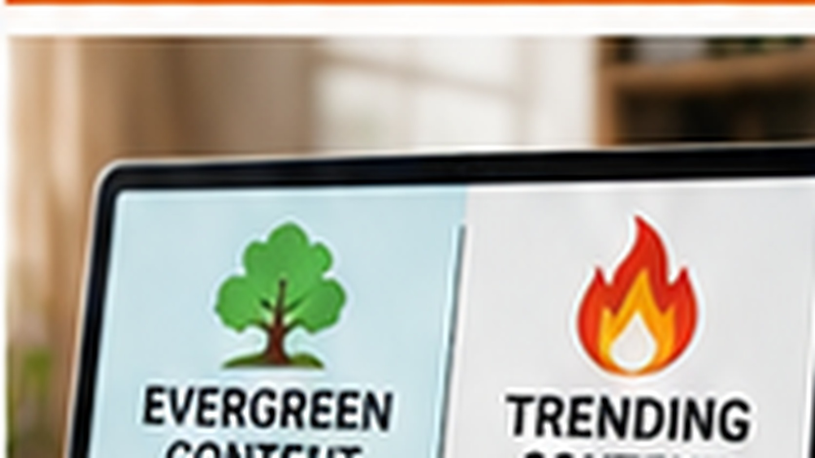 Digital content planning workspace comparing evergreen topics with trending topics, including a publishing calendar, search data, and content update notes.