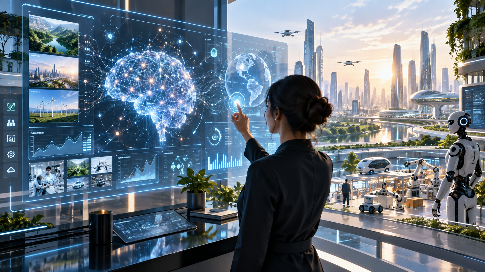 Professional reviewing a future artificial intelligence dashboard with multimodal tools, automation workflows, data, and human oversight represented on screen.
