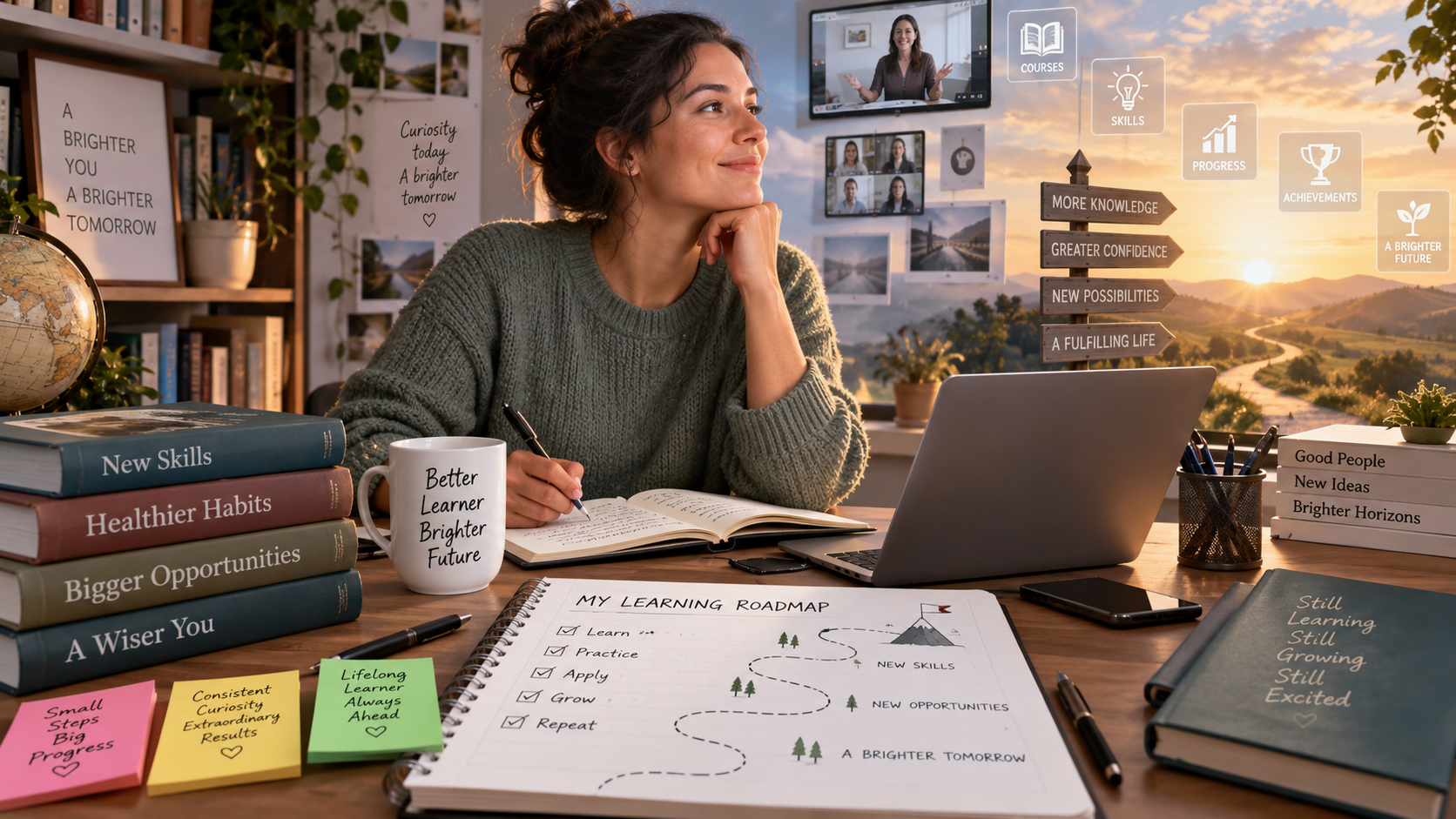Adult learner planning a long-term learning goal with a notebook, laptop, books, calendar, progress checklist, and online course materials.