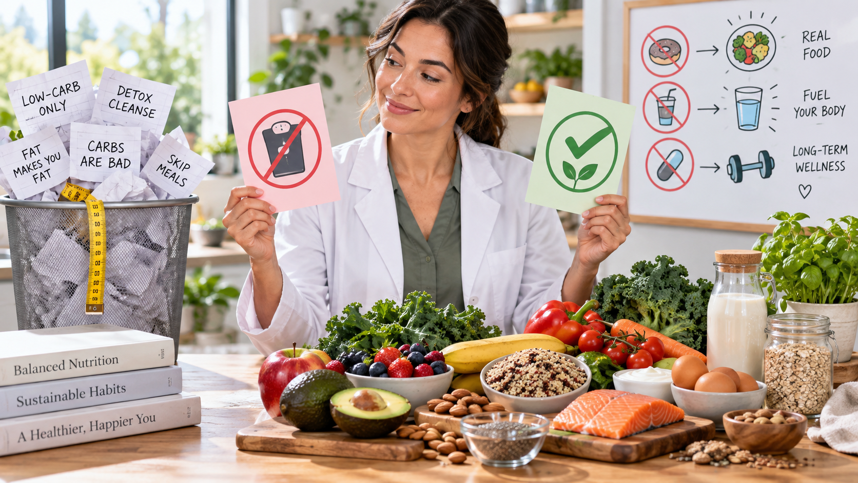 Balanced foods beside a Nutrition Facts label, including vegetables, fruit, whole grains, fish, nuts, yogurt, and common packaged foods being compared.