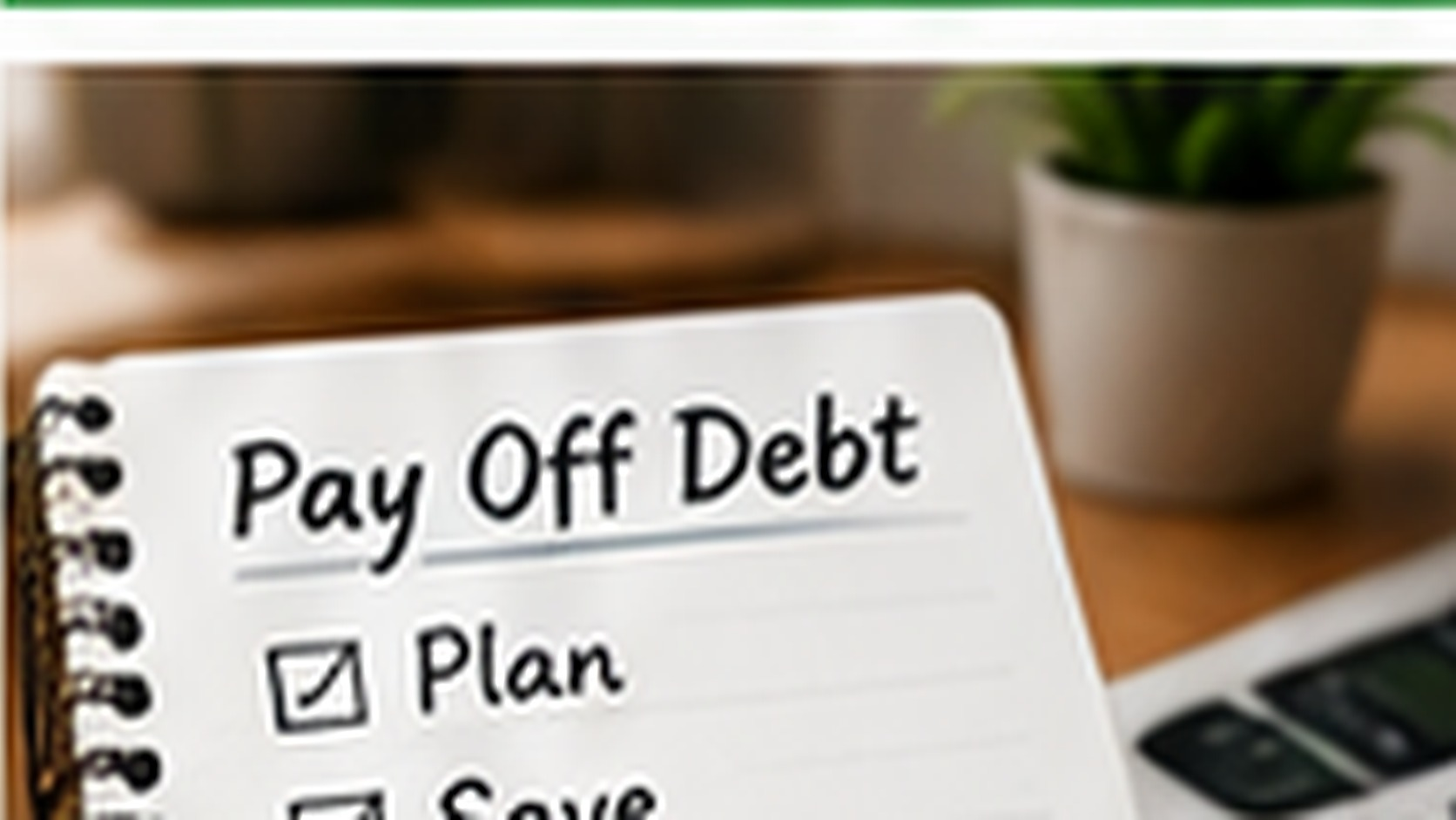 Household finance desk with a debt payoff notebook, calculator, credit card, payment plan, and a clear focus on paying extra toward balances.