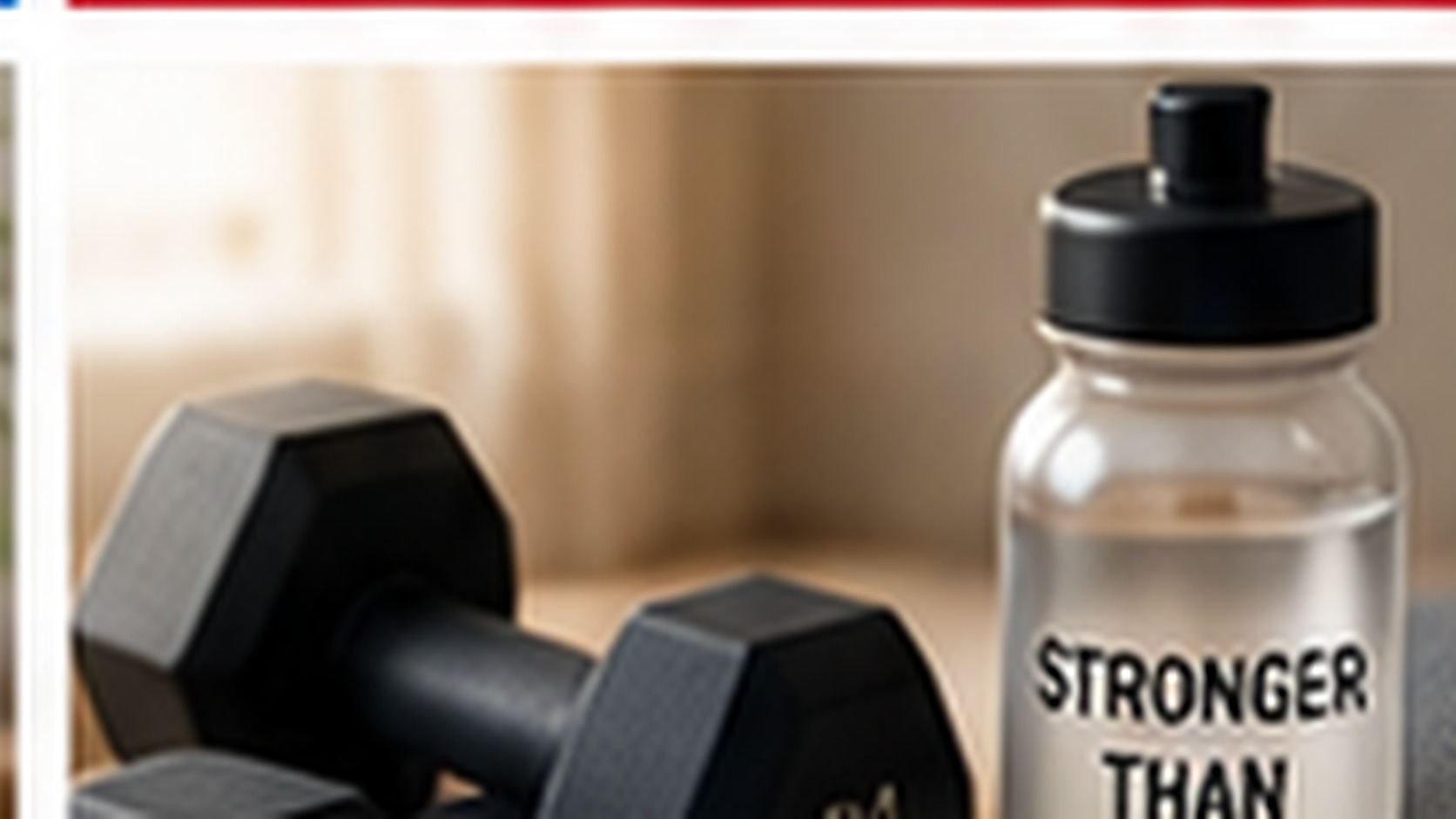 Beginner-friendly strength training setup with light dumbbells, resistance bands, exercise mat, water bottle, and a simple full-body workout plan.