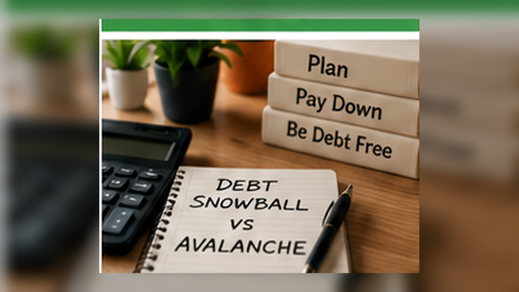 Debt payoff planning desk with a notebook comparing the snowball and avalanche methods, calculator, payment plan, and debt-free goal reminders.