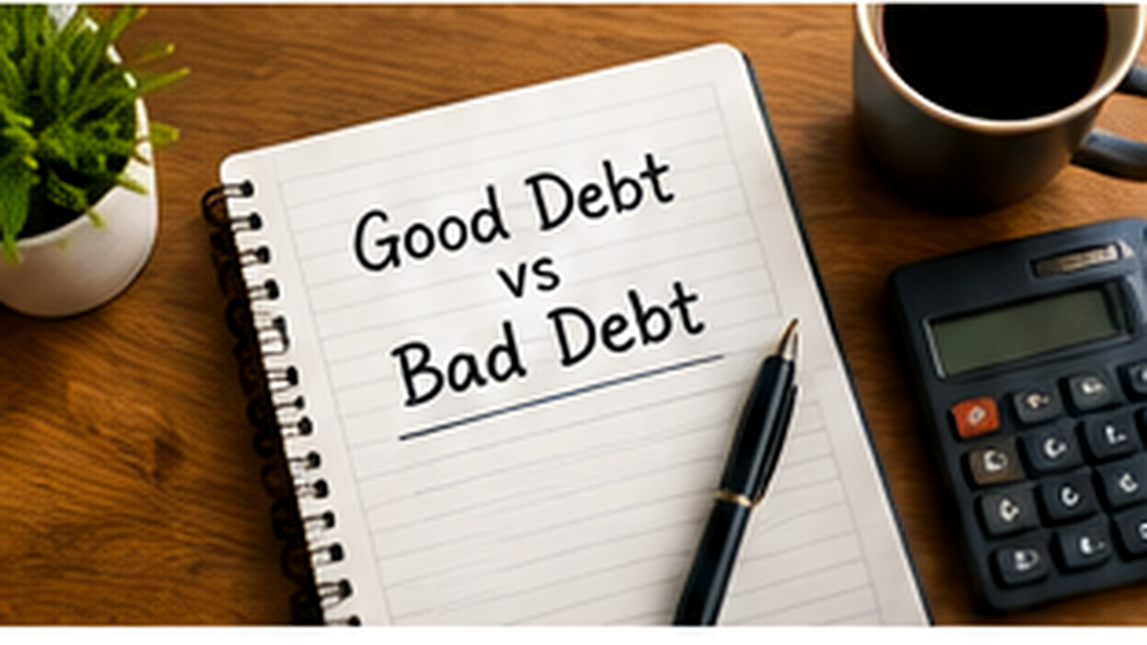 Notebook comparing good debt and bad debt beside a calculator, coffee, and household financial planning materials.